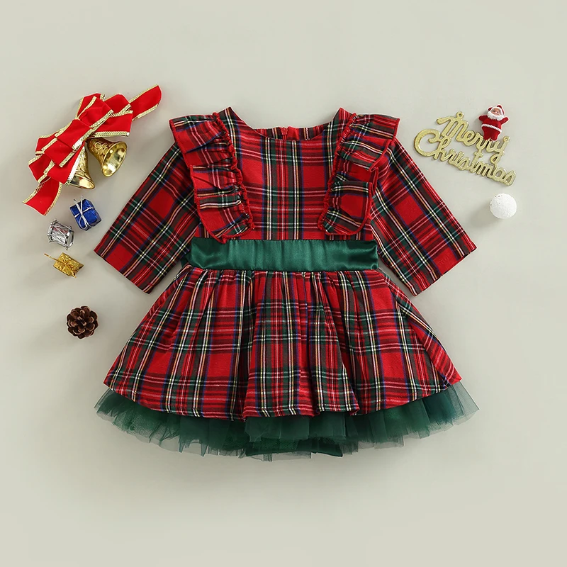 1-5Y Toddler Girl Christmas Dress Plaid Print Long Sleeve Ruffles Tulle Patchwork A-Line Dress Xmas Outfit with Bowknot