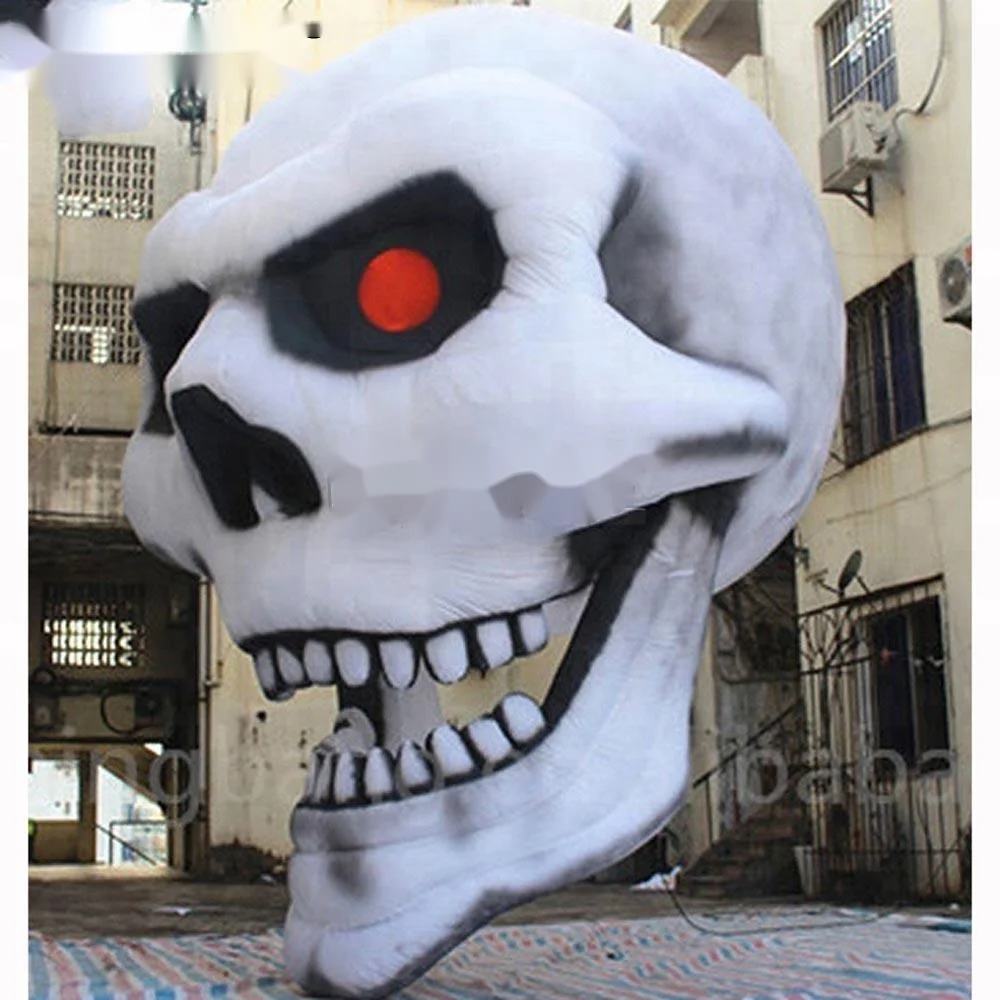 wholesale Crazy Halloween decoration giant inflatable skull head hanging skeleton model with internal blower for event stage