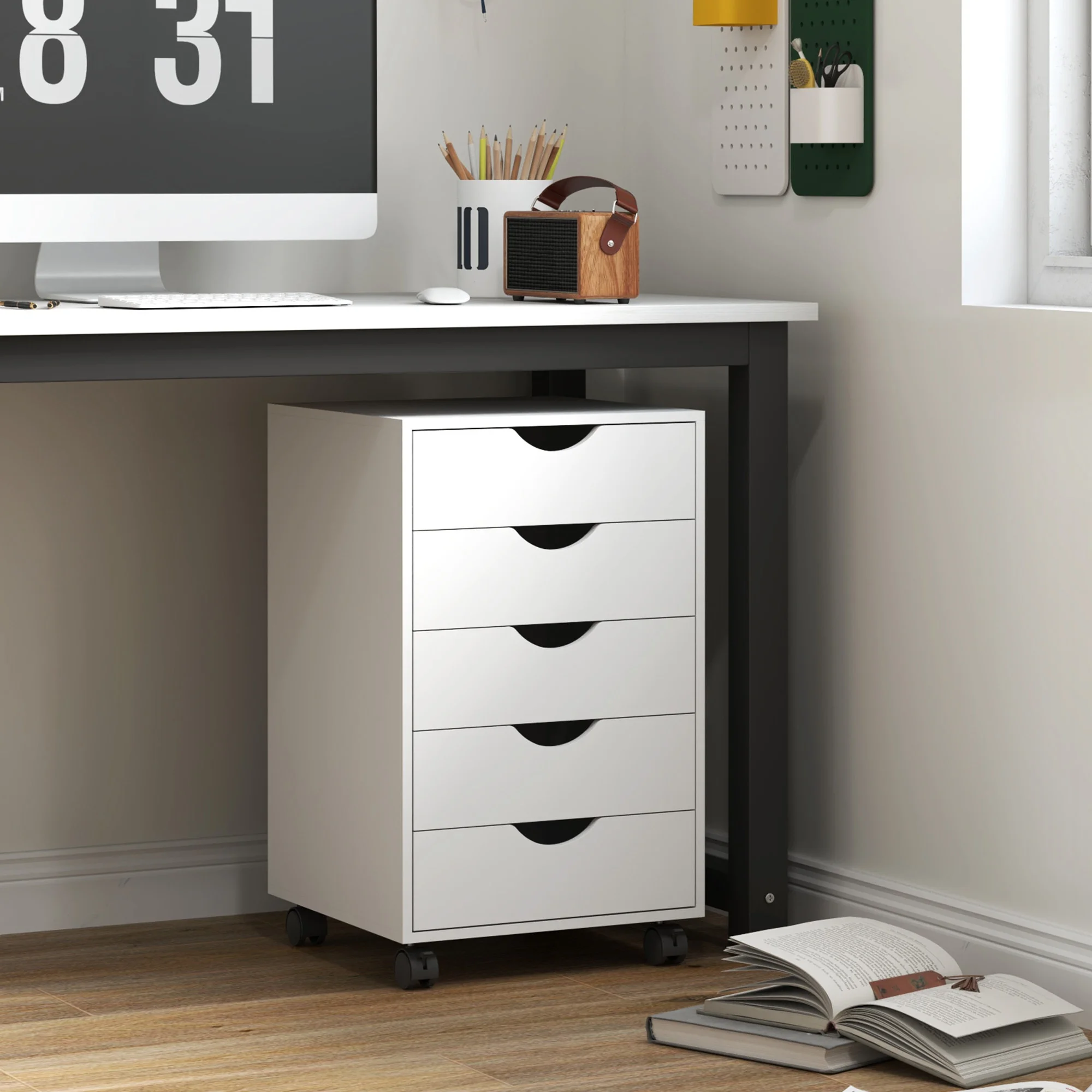 5-Drawer Rolling File Cabinet with Lockable Drawers and Casters—Modern White Wood and MDF Storage Organizer, 27 Inches Tall