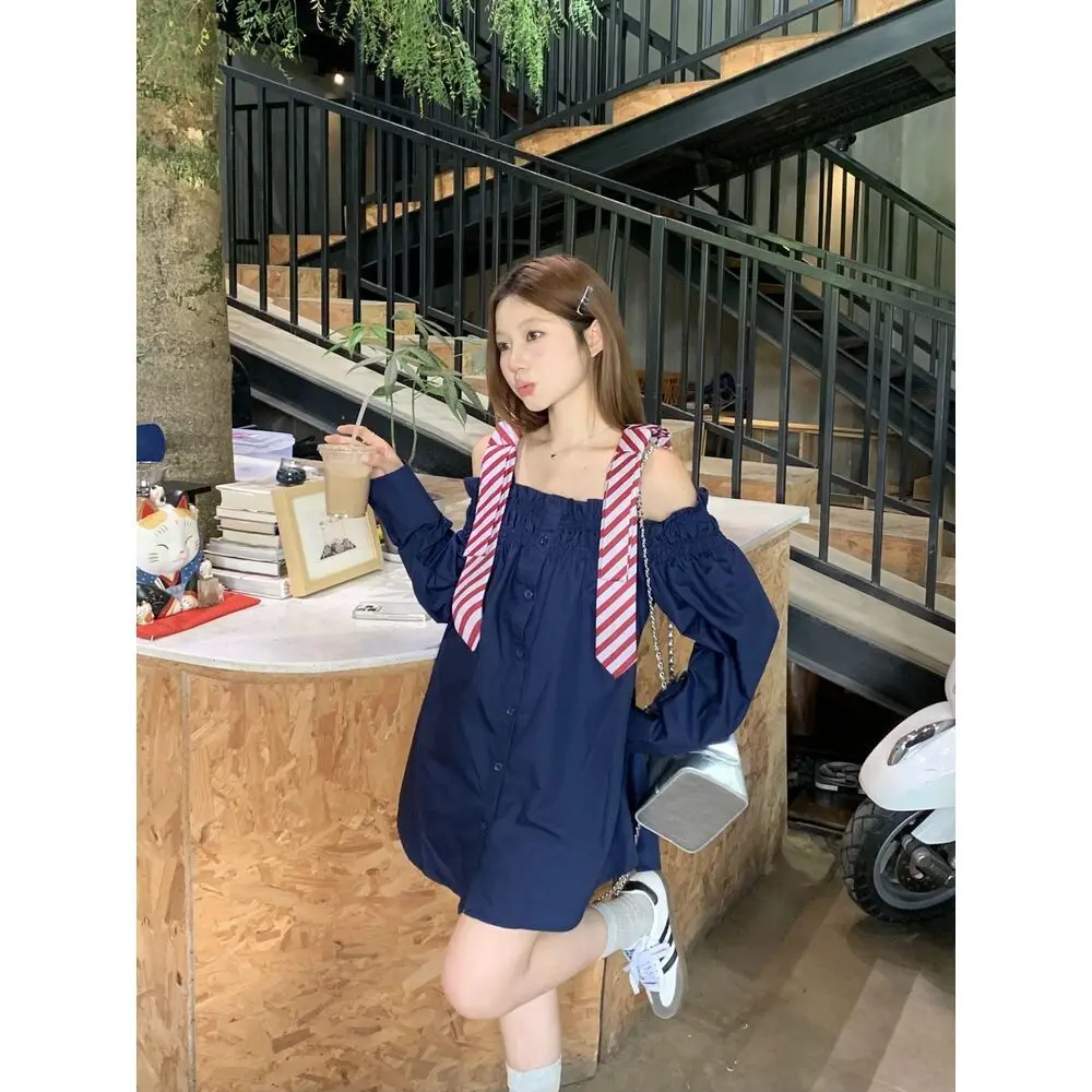 Summer Sweet Patchwork Solid Color Sling Long Sleeve Blouse Women Clothes Fashion Buttons Loose Mid Length Top All-match Shirts