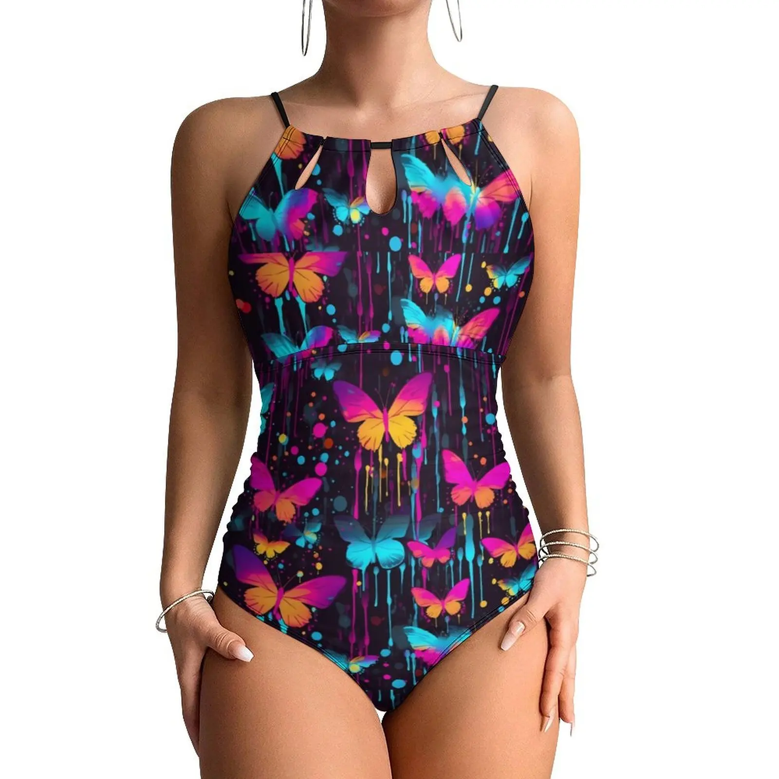 Butterfly Swimsuit Sexy Pink and Orange Splash One Piece Swimwear Push Up Bodysuit Fashion Vacation Bath Beach Wear