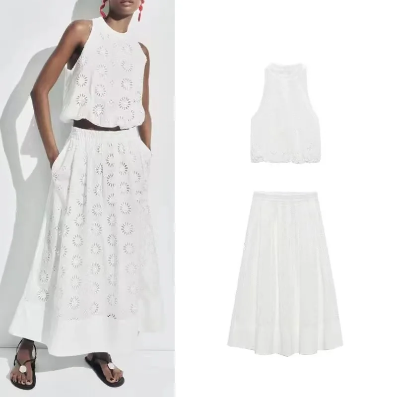 Summer 2023 Women Embroidery Skirts Sets Causal Hollow Out Sleeveless O-neck Tops Elastic Waist A-Line Mid-Calf Skirts