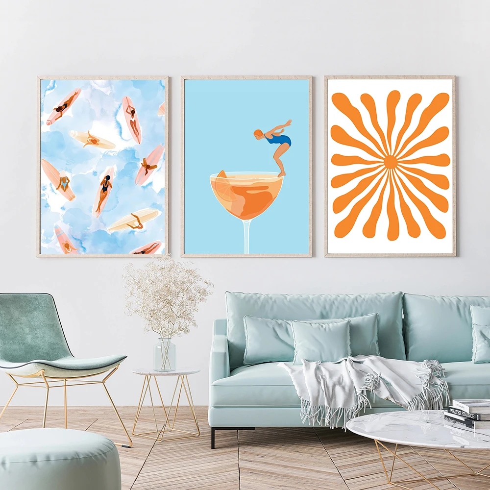 Margarita Swim Orange Abstract Poolside Swimming Abstract Modern Canvas Painting Room Wall Room Decor Summer Pool Poster Print