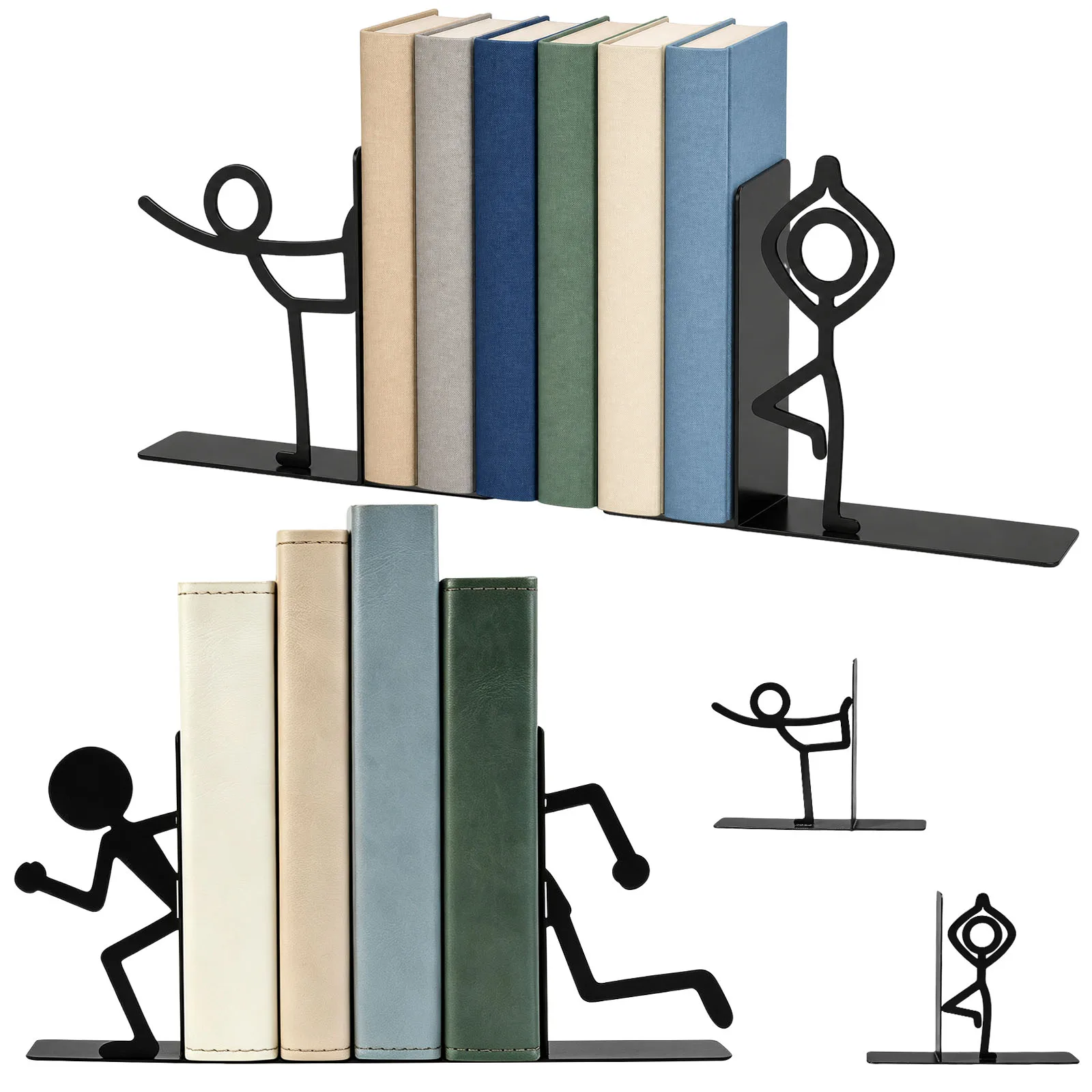 4Pcs Funny Metal Book Ends Non Slip People Figurine Bookends Heavy Duty Book Holders Rust Resistant Bookend for Home Office Desk