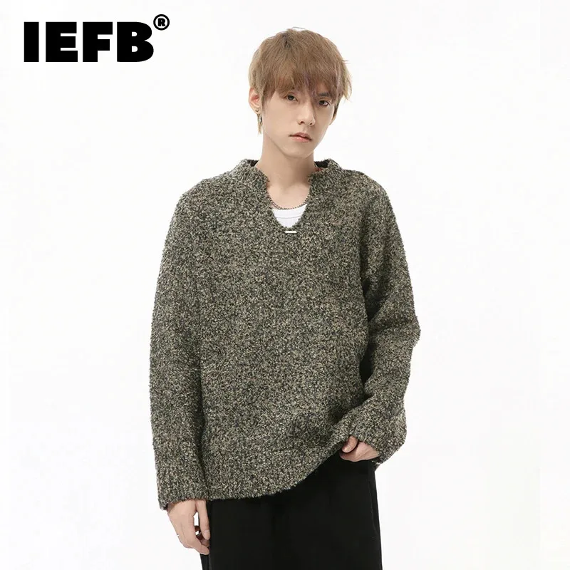 IEFB Niche Design Men's Sweaters Casual V-neck Solid Color Knitting Metal Design Loose Male Pullover Tops Tide Menswear 9C8302