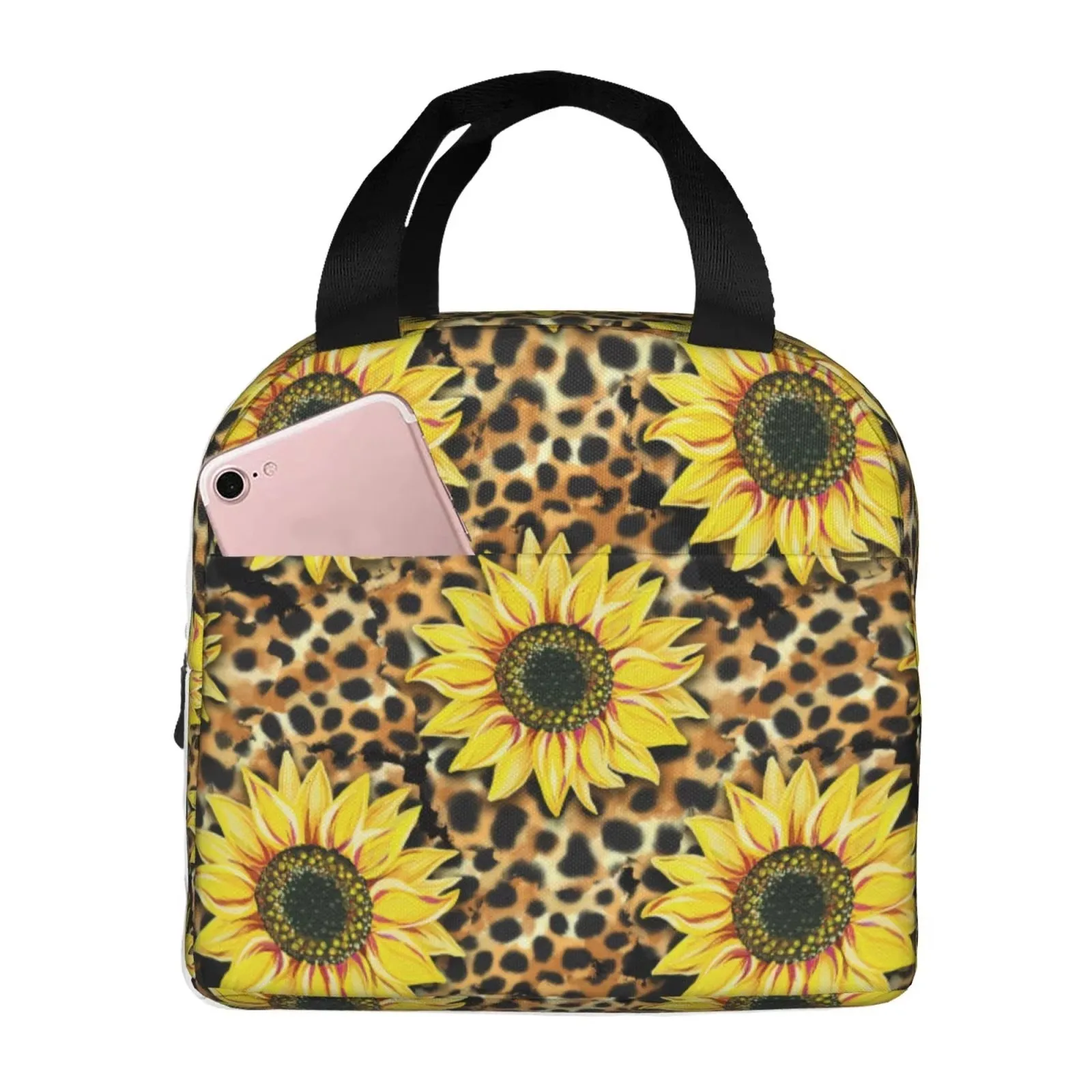 Sunflower Leopard Print Insulated Lunch Bag Portable Thermal Cooler Tote Bag Reusable Food Container for School Office Picnic