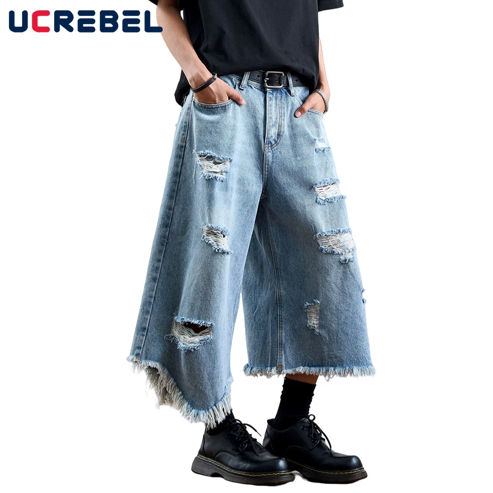 

Irregular Ripped Denim Shorts Trousers Mens Washed Distressed Retro High Street Loose Wide Leg Raw Edge Jorts Men