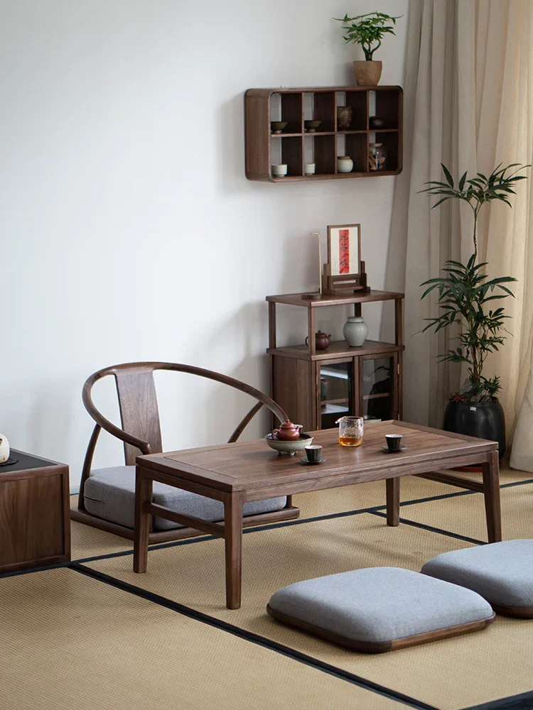 New Chinese style floor tea table, tatami rice, Zen meaning, North American black walnut kang table, bay window