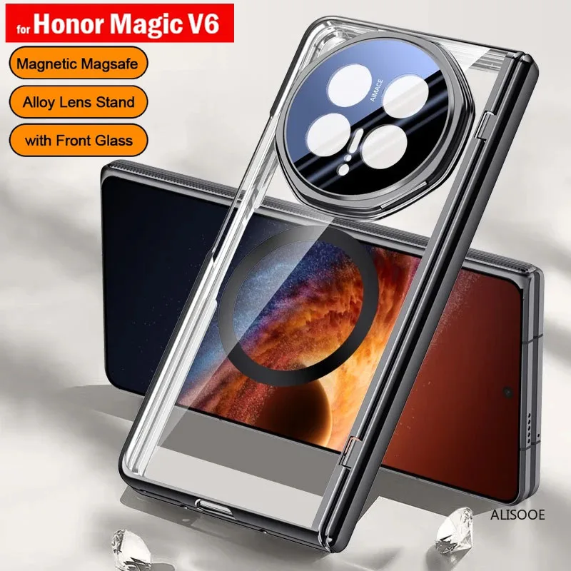 

Transparent Camera Stand Funda for Honor Magic V6 Case Plating Hinge Magnetic Magsafe Protection Cover Front Screen Film