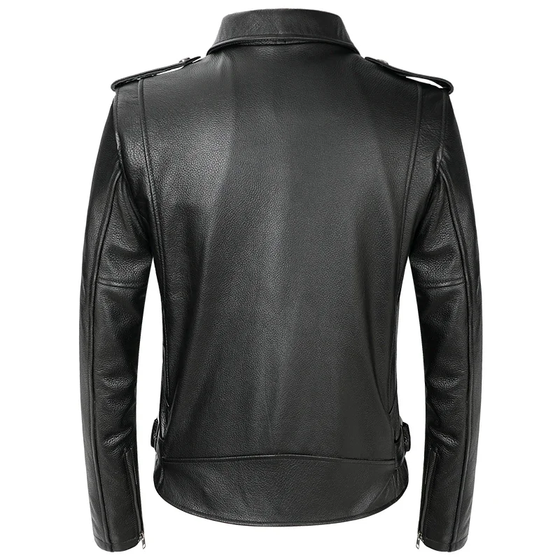 2025 Black Men American Motorcycle Leather Jacket Oblique Zipper Genuine Cowhide Spring Slim Fit Biker's Coat