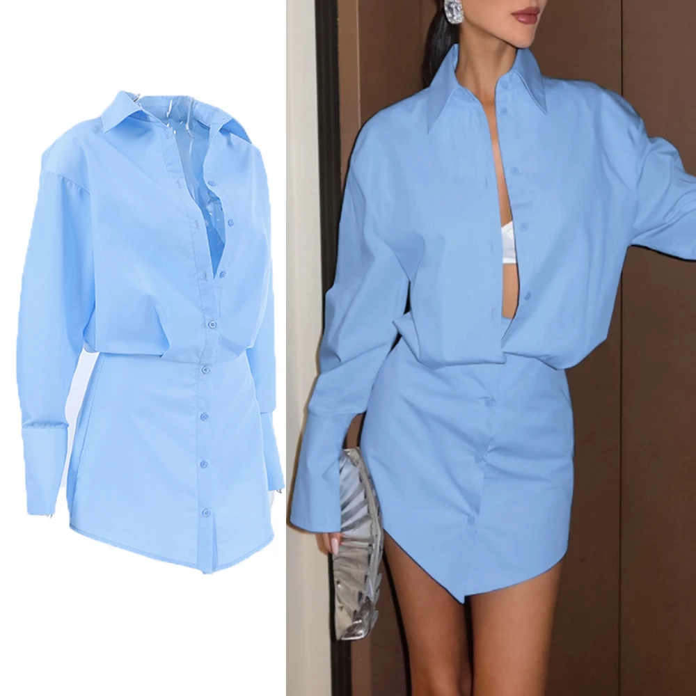 

DriftWear Light Blue Shirt Dress Lapel Slim Fit Pencil Dress Women's Casual Office Bodycon Midi Dress | Trendy Button Down Dress