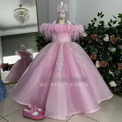 Luxurious Pink Flower Girl Dresses Glitter Beads Feathers Kids Birthday Gowns Charming A Line Children Wedding Guest Dresses