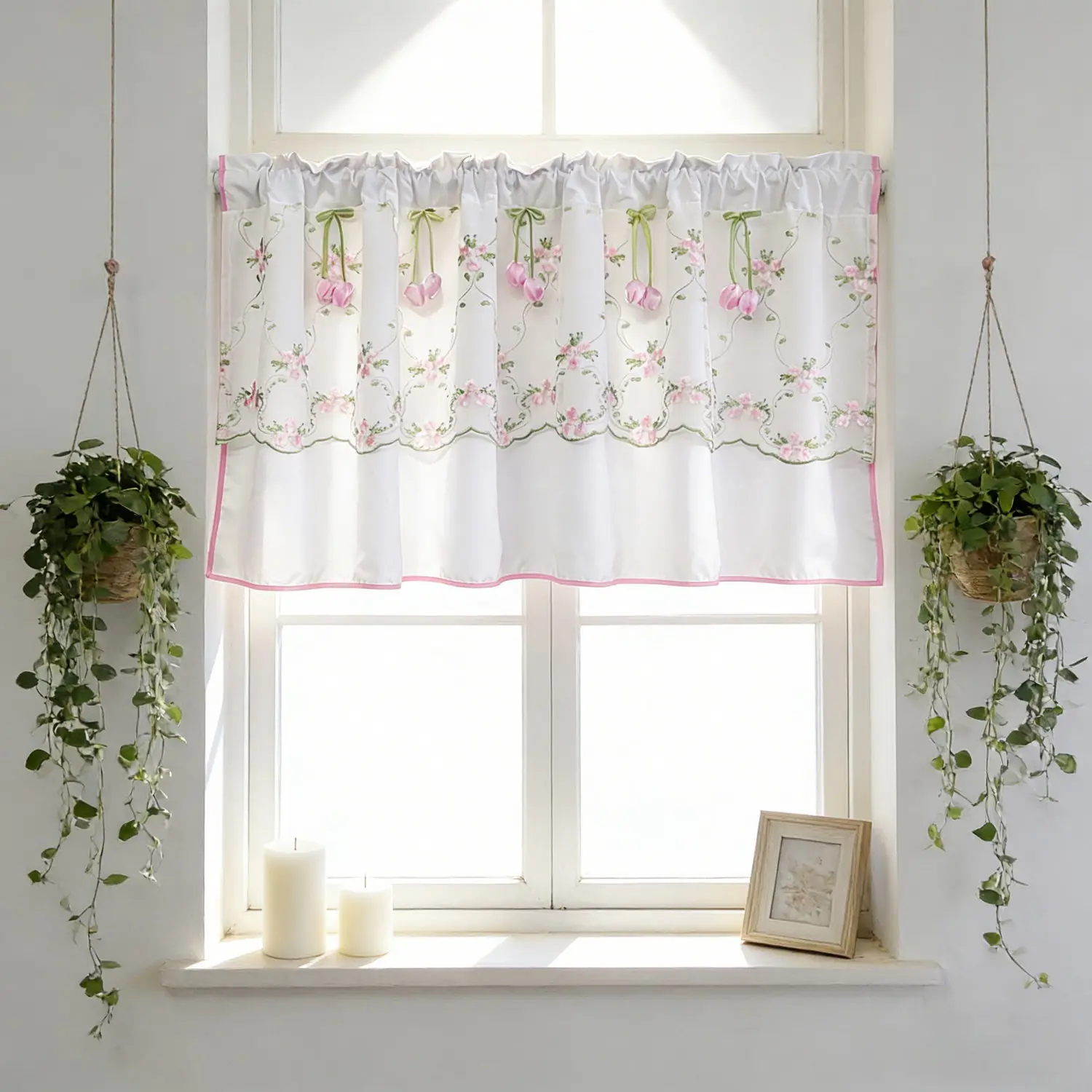 

Pink Embroidered Floral Tulle with Tulip Accents, French Country Double Layer Cottage Curtains for Kitchen Window Decoration