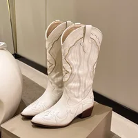 Autumn Embroidered Western Cowboy Boots new Square Heels Pointed shoes Casual fashion long boots Comfortable waterproof shoes - Image 2