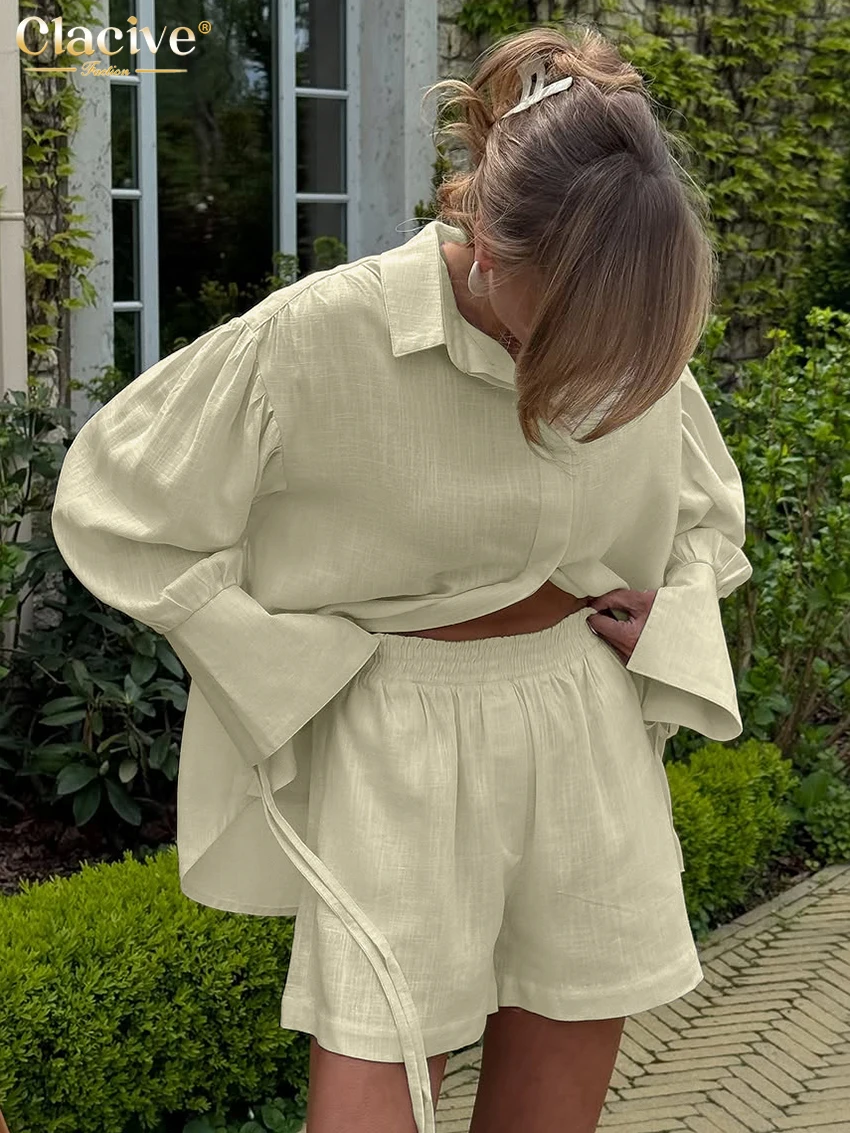 

Clacive Fashion Loose Beige Cotton Women's Two Pieces Set Elegant Long Sleeve Shirt With High Waist Shorts Set Female Clothing