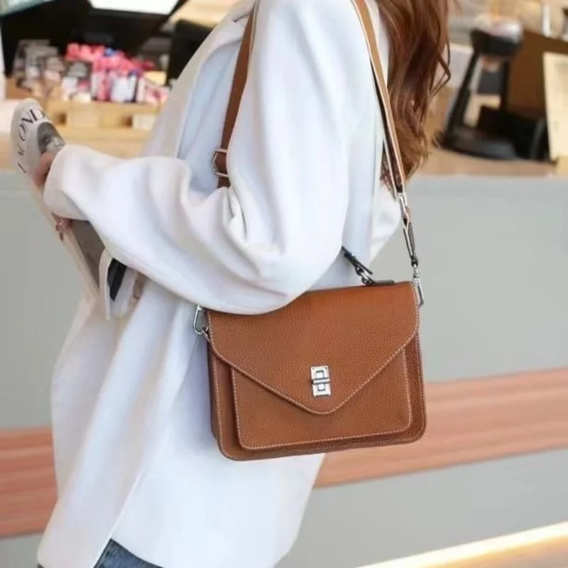 Genuine Leather Handbag Crossbody  Textured Postman Bag Commuting Small Square Bag Fashionable and Trendy Big Brand Hot Selling