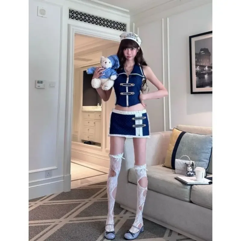 IMU Japanese Sweet Sailor Style 2 Piece Set Women Polka Dot Sleeveless Corset Top High Waist Mini Bodycon Skirt Kawaii Outfit 20
