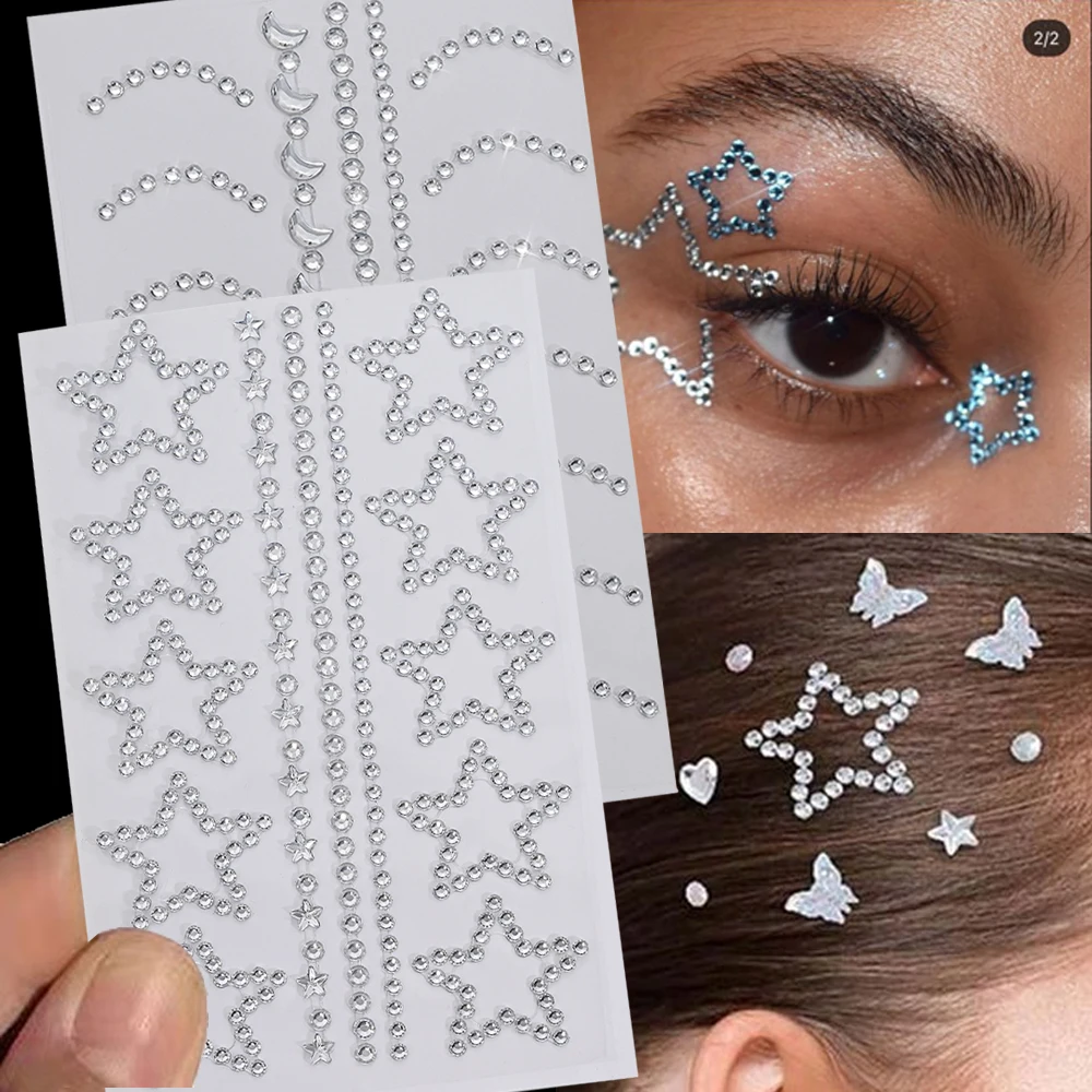 

1sheet Transparent Star Rhinestone Face Gem 5D Flat-back Self-adhesive Tears Tattoo Eyeshadow Stickers Bling Makeup Decorations