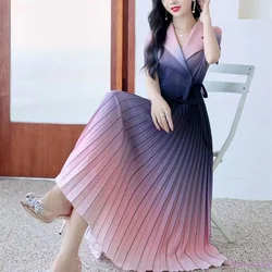JSXDHK 2026 New Summer Office Ladies Pleated Dress Elegant Women Notched Gradient Lace Up Short Sleeve Slim Waist Midi Vestidos