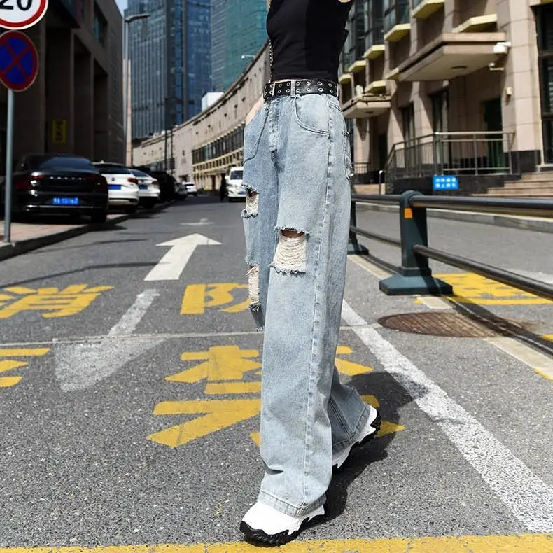فضفاض مستقيم الساق الجينز المرأة حفرة عالية الخصر ضئيلة رقيقة الصيف الخريف السراويل الطويلة واسعة الساق الطابق طول السراويل
