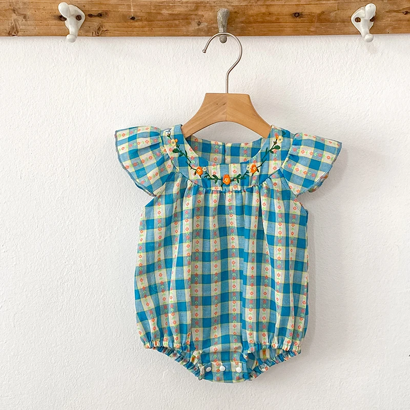 ملابس صيفية للأطفال البنات رومبير مطرز لحديثي الولادة شبكة زرقاء من القطن بأكمام طائرة ملابس أطفال من عمر 0 إلى 24 شهرًا ملابس بناتي #4