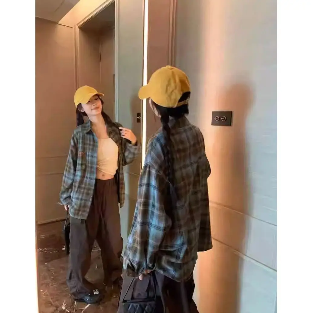 النمط الأمريكي خمر منقوشة قميص المرأة عادية فضفاضة تناسب الشارع ارتداء الراقية طويلة الأكمام الخريف سترة بلايز ملابس عصرية