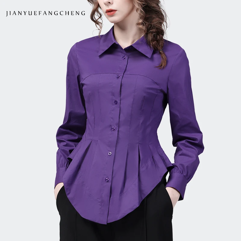 

Women' Lapel Collar Purple Cotton Shirt Long Sleeve Button-down Tops 2024 Spring Summer Slim Fit Office Ladies Shirts