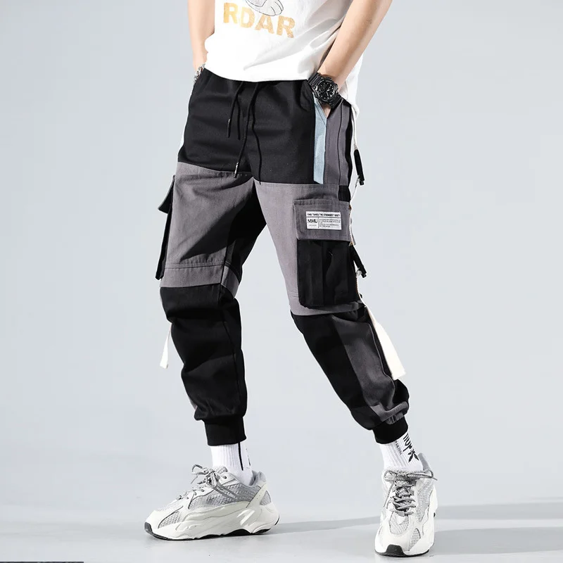 Pantalones Cargo Y2K para hombre, chándal informal con bolsillos, estilo Hip Hop, cintas de calle, color blanco