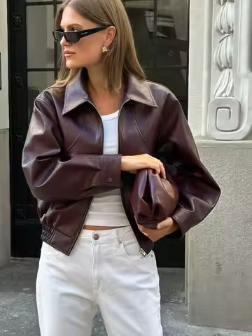 Vintage Wine Red Loose Short Leather Jacket Women Fashion Lapel Long Sleeves Zipper Cropped Coat 2025 Autumn Lady Street Outwear