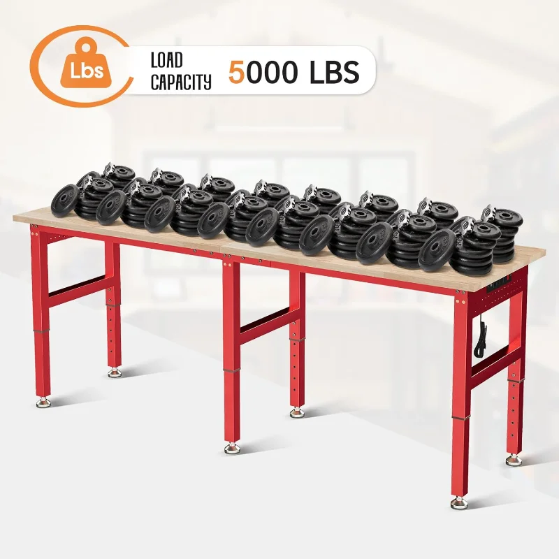 84" Red Adjustable Heavy Duty Workbench with 4 AC Outlet and 2 USB Ports Power Outlets, 5000 Lbs Capacity, Rubber Wood Top
