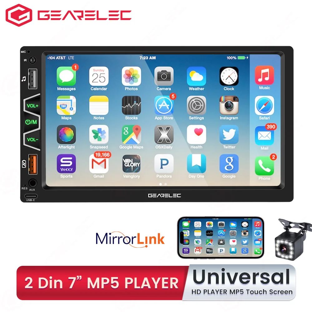 Gearelec 2 samochodowy odtwarzacz Stereo din 2 DIN 7 Cal Radio odtwarzacz multimedialny samochodu autoradio siedmiokolorowy podświetlenie Bluetooth USB TF AUX-In