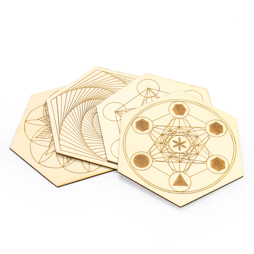 Plaque de cristal de chakela en bois, pierre d\'énergie, support en bois, Metatron hexagone, yoga, méditation, support en cristal, planche de fleur