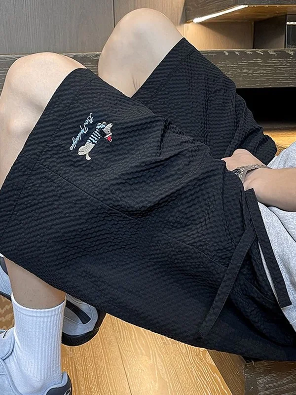 

Текстурированная ткань с пузырьками, мужские летние модные свободные брюки High Street с вышивкой Qui Dry Beach, брюки пять четвертей, прямые брюки