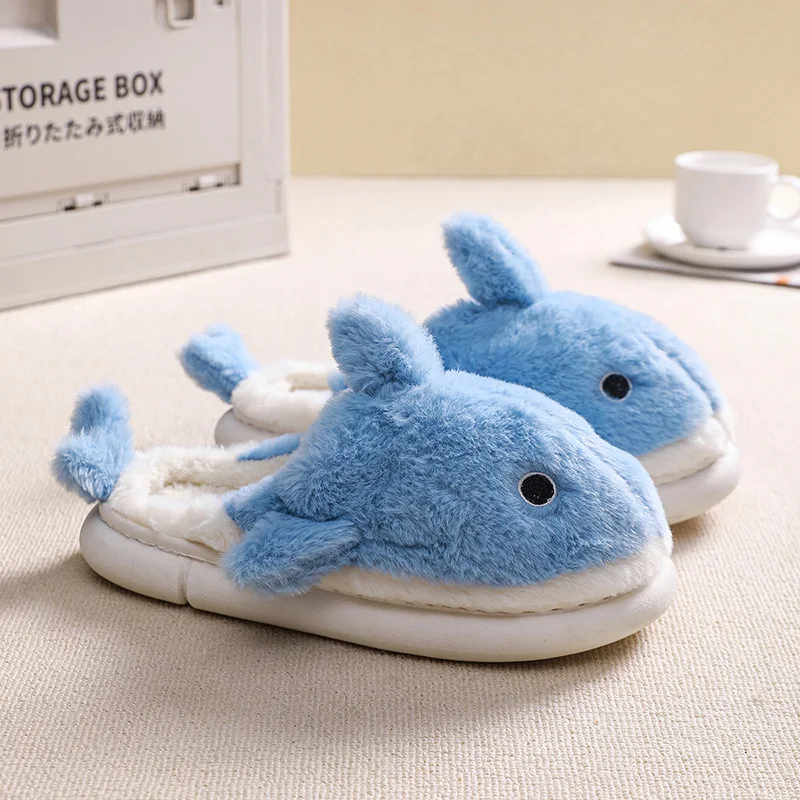 Shark Pattern Embroidery Stuffed Home Devil Slide Plaid Furry Cotton Slippers Warm Non-slip Indoor Slipper Pumpkin  Mom Gift