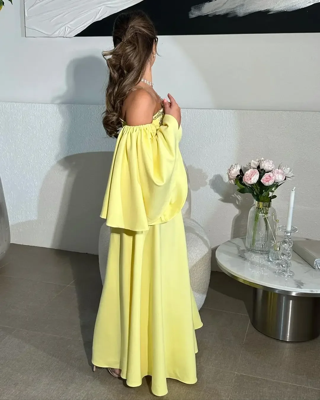 Yellow Prom Dresses Pleated Beadings Floor Length Long Sleeves Evening Dresses One Shoulder Back Zipper Saudi Arabia Party Dress