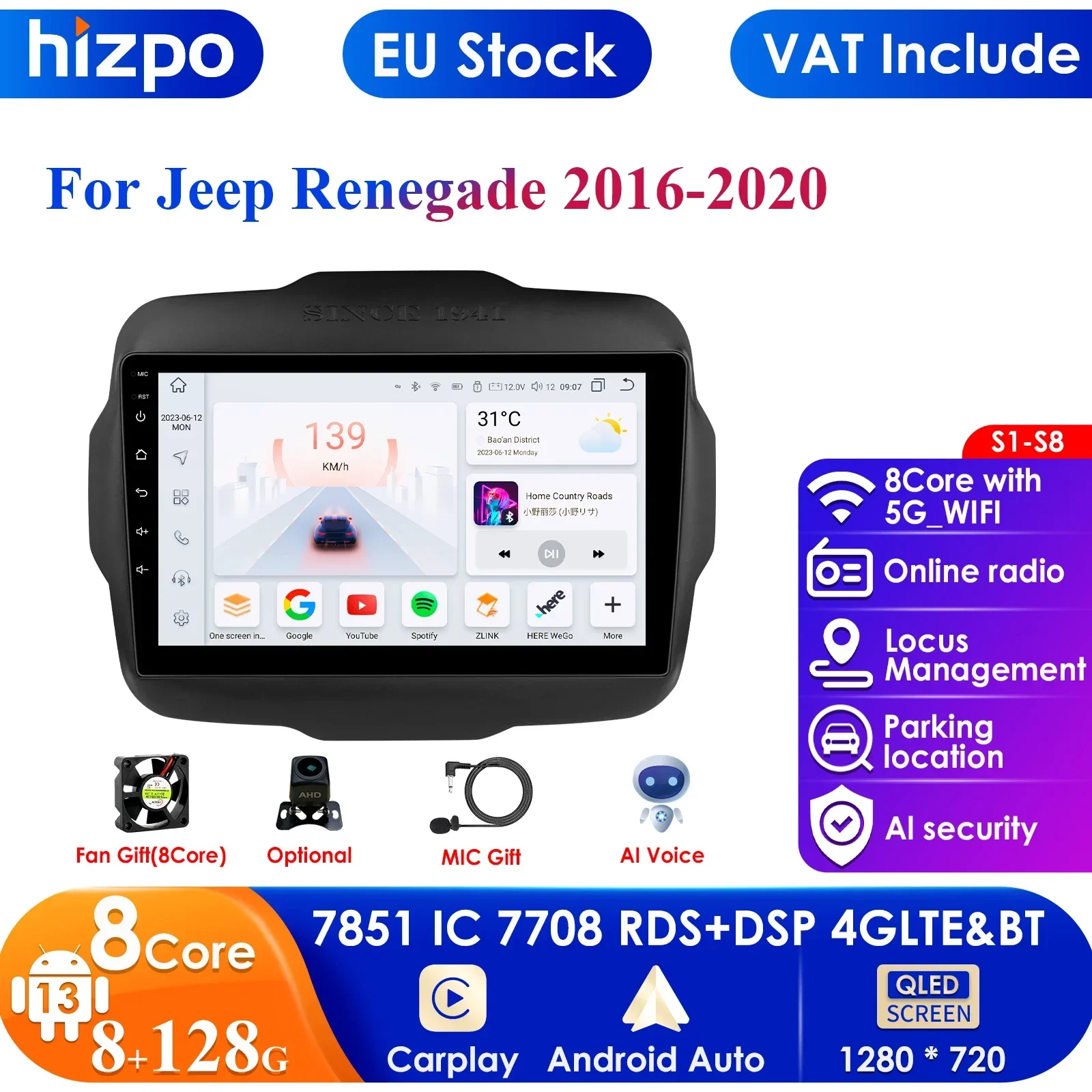 7862 Carplay 4G-LTE 9 "Autoradio Android für Jeep Renegade 2016-2020 Multimedia Player Navigation