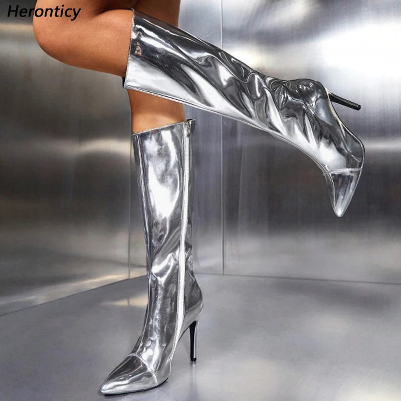 Handcrafted Women's Dress Boots: Red High Gloss Finish, Slim Stiletto Heel, Pointed Toe, Knee Length US Size 5-16