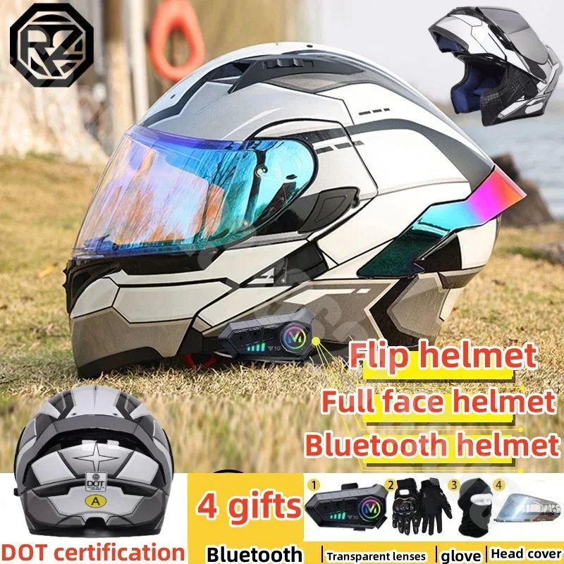 Orz Crash Helmet Motorcycle DOT Certified Motorcycle Flip Helmet Double Lens Helmet Motorcycle with Bluetooth Universal