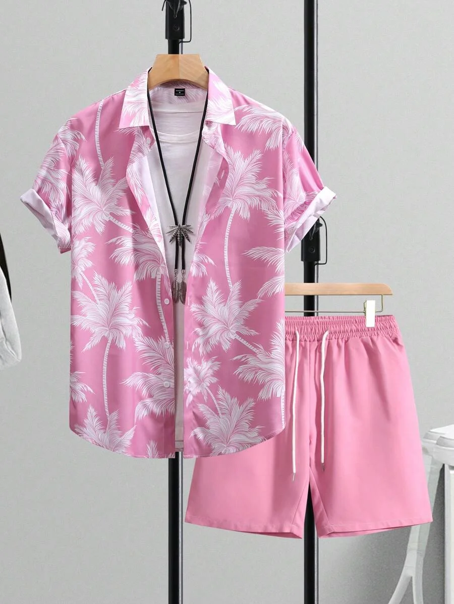 Conjunto de 2 piezas de manga corta con estampado botánico Hawaiano para hombre y mujer, camisa con botones y solapa, Tops y pantalones cortos