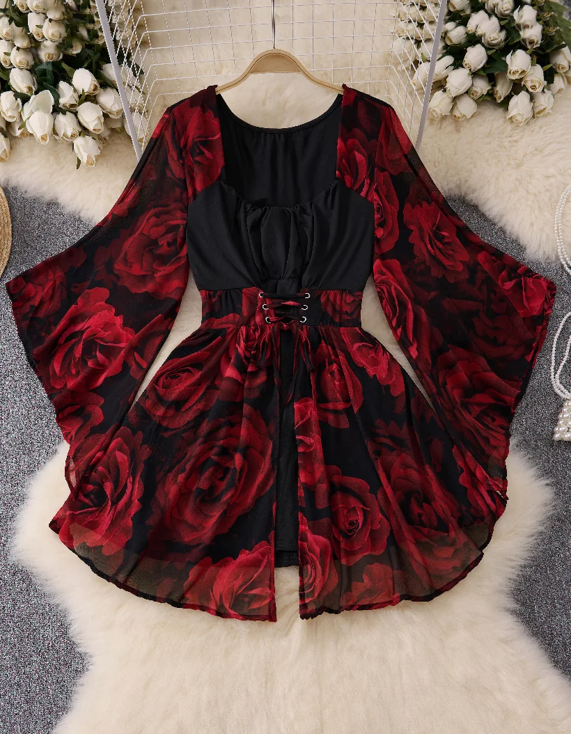 

Женская блузка большого размера с рукавами «летучая мышь» и принтом роз, на шнуровке, в европейско-американском стиле, популярная одежда для весны и осени