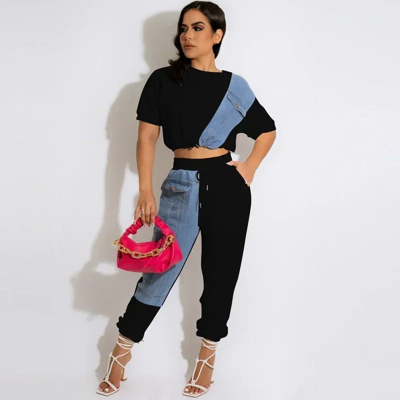 

GUWU Workout Jean Patchwork Women Two Piece Set Outfits Sweatsuit Summer Tee and Jogger Pants Matching Set Casual Tracksuit