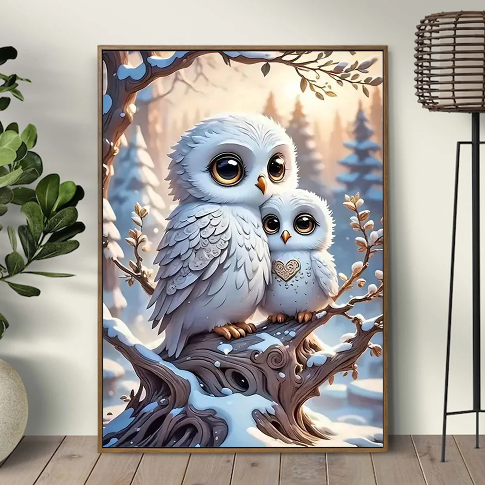 Huacan Full Diamond Painting Animal Owl Complete Kit Diy 5d Dimond Mosaic Landscape Winter Home Decorative Rhinestone Pictures
