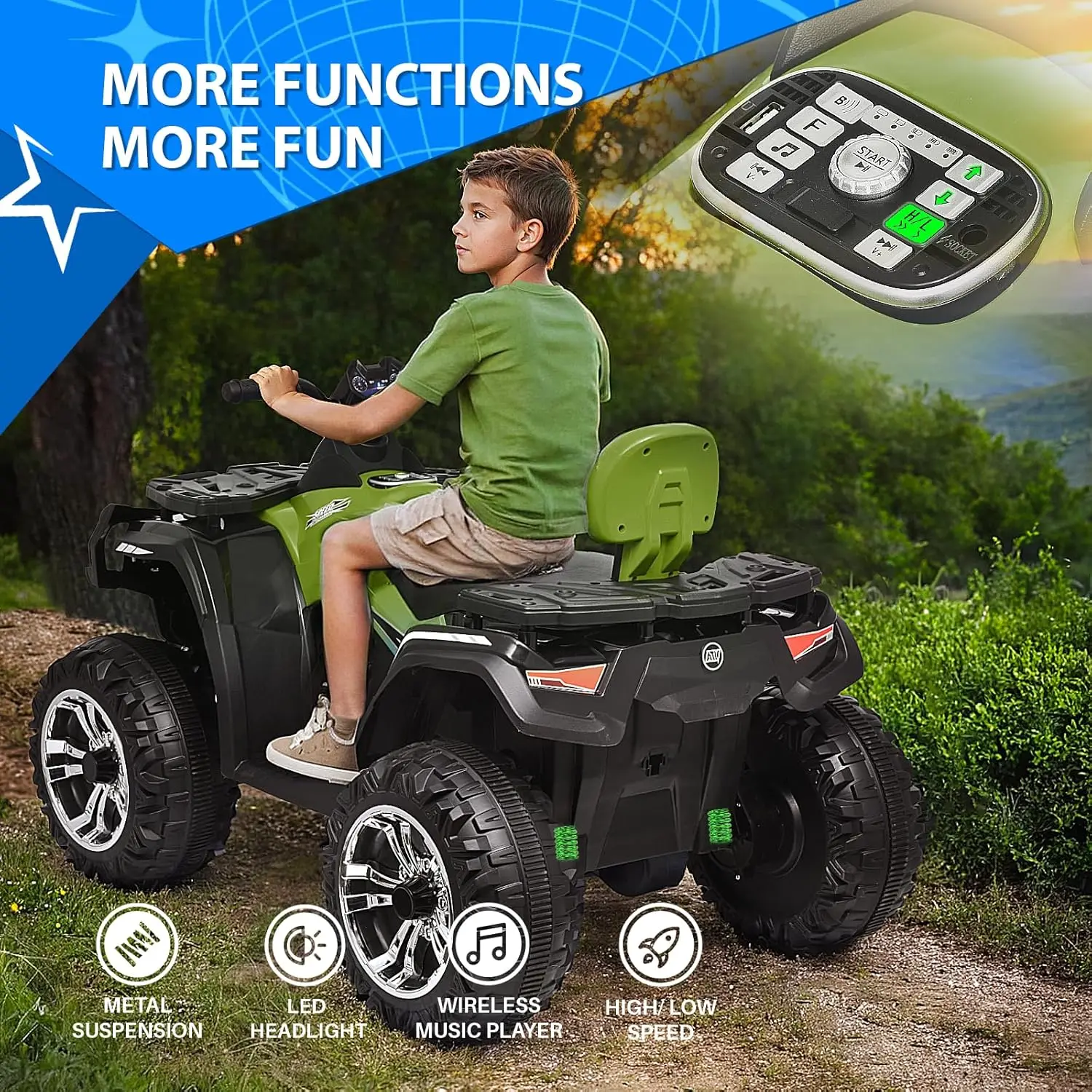 Seater Ride on ATV 4WD Quad Powerful 4-Wheeler Electric Car for Big Kids, with 400W Strong Engine, 9AH Large Battery, Metal Susp