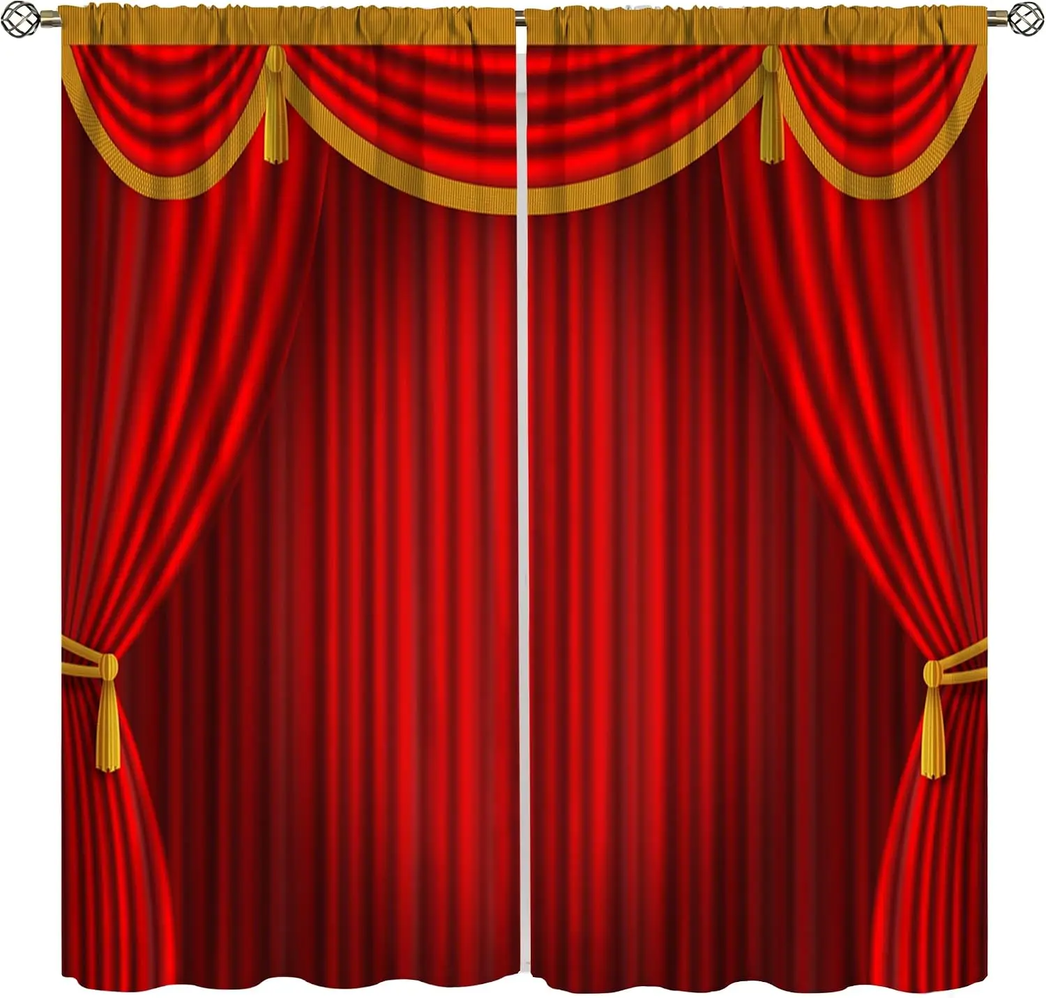 Red Stage Curtain Golden Tassel Valance Curtains 2 Panels,Theater Show Velvet Drape Tie Back Print Drapes for Party Stage Cinema