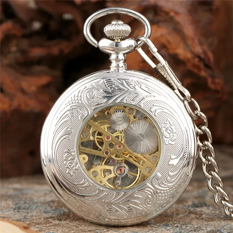 Silver Hollow Flower Case Roman Numeral Dial Pocket Watch Men Women Hand Wind Mechanical Watches Skeleton Clock Pendant Chain
