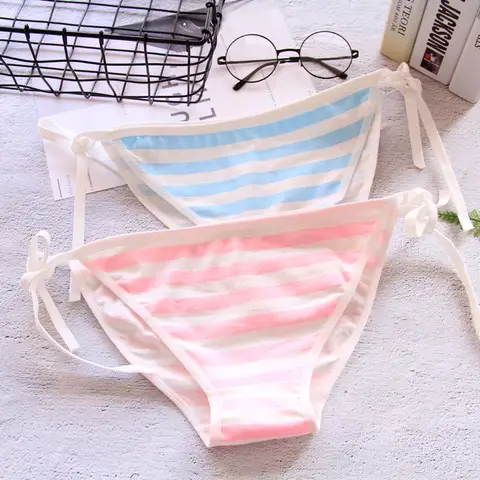 2PCS Women Lingerie Set sexxy Bra Cotton Seamless Kawaii Bikini Lace up Strap Blue White Striped Suit Cute Underwear Women Set