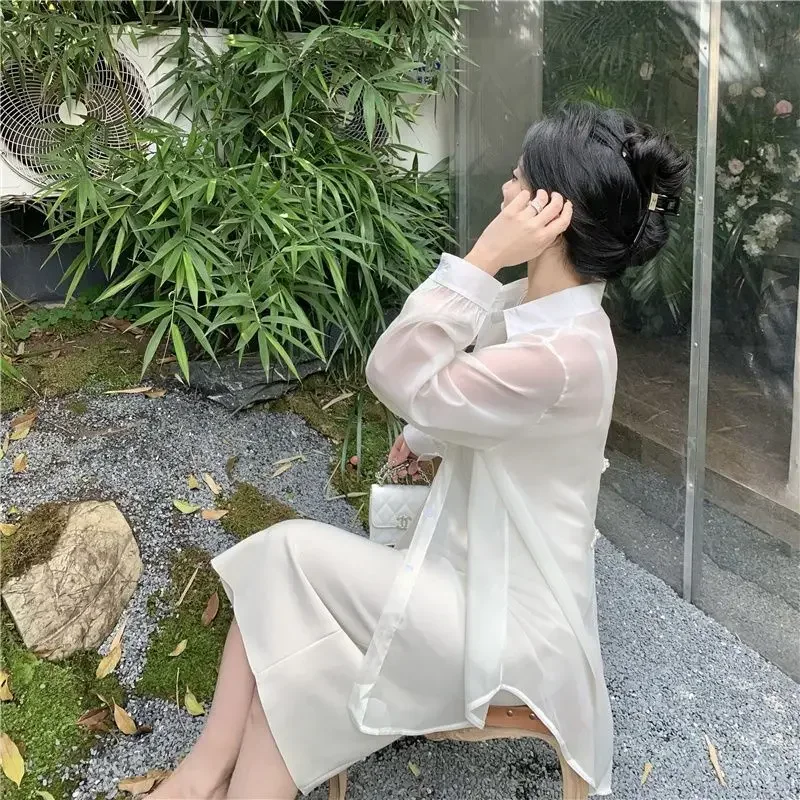 Chiffon Thin Bow Patchwork Loose Blouse Summer New Long Sleeve Solid Simplicity Korean Shirt Tops Fashion Casual Women Clothing