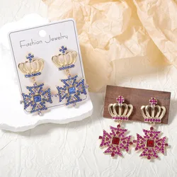 Metal Rhinestone Square Crown Geometric Dangle Earrings Women New Trend Elegant Design Jewelry Party Accessories