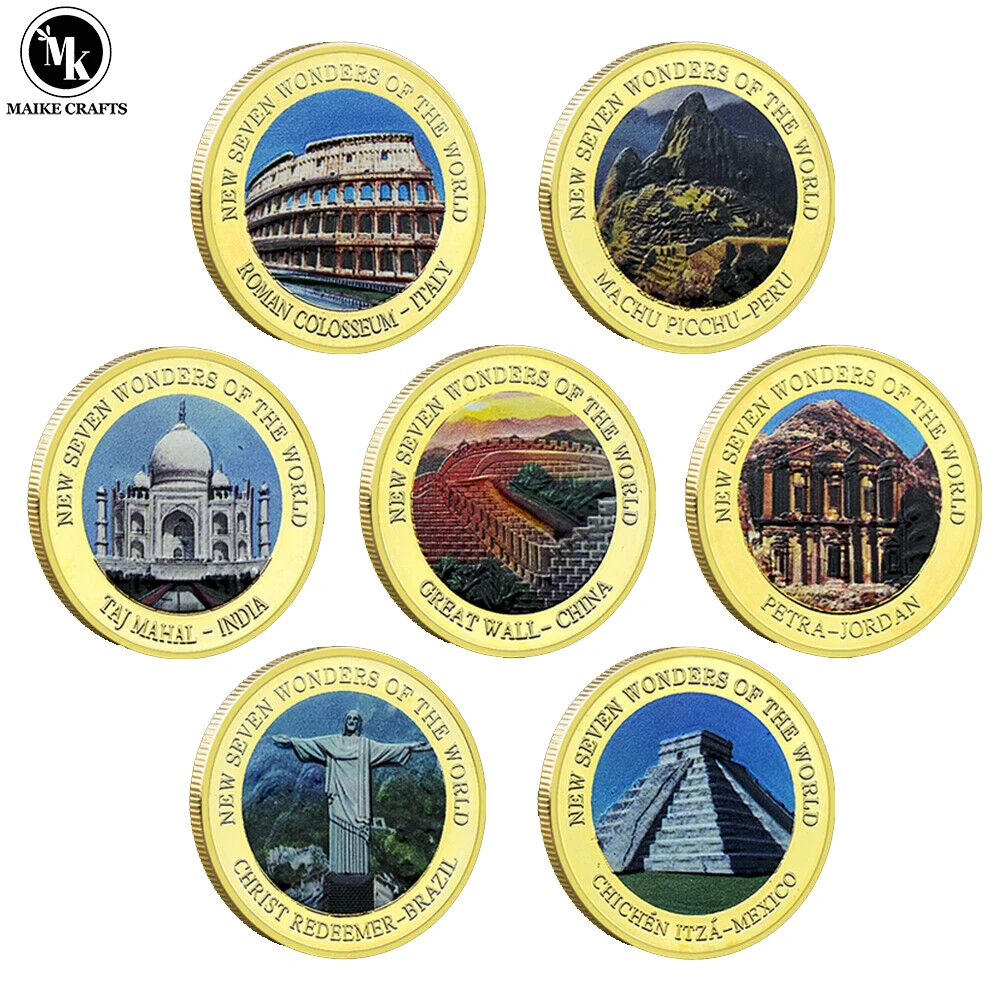 

7 pcs/set New Seven Wonders of the World Gold-plated Commemorative Coin Metal Badge Medal