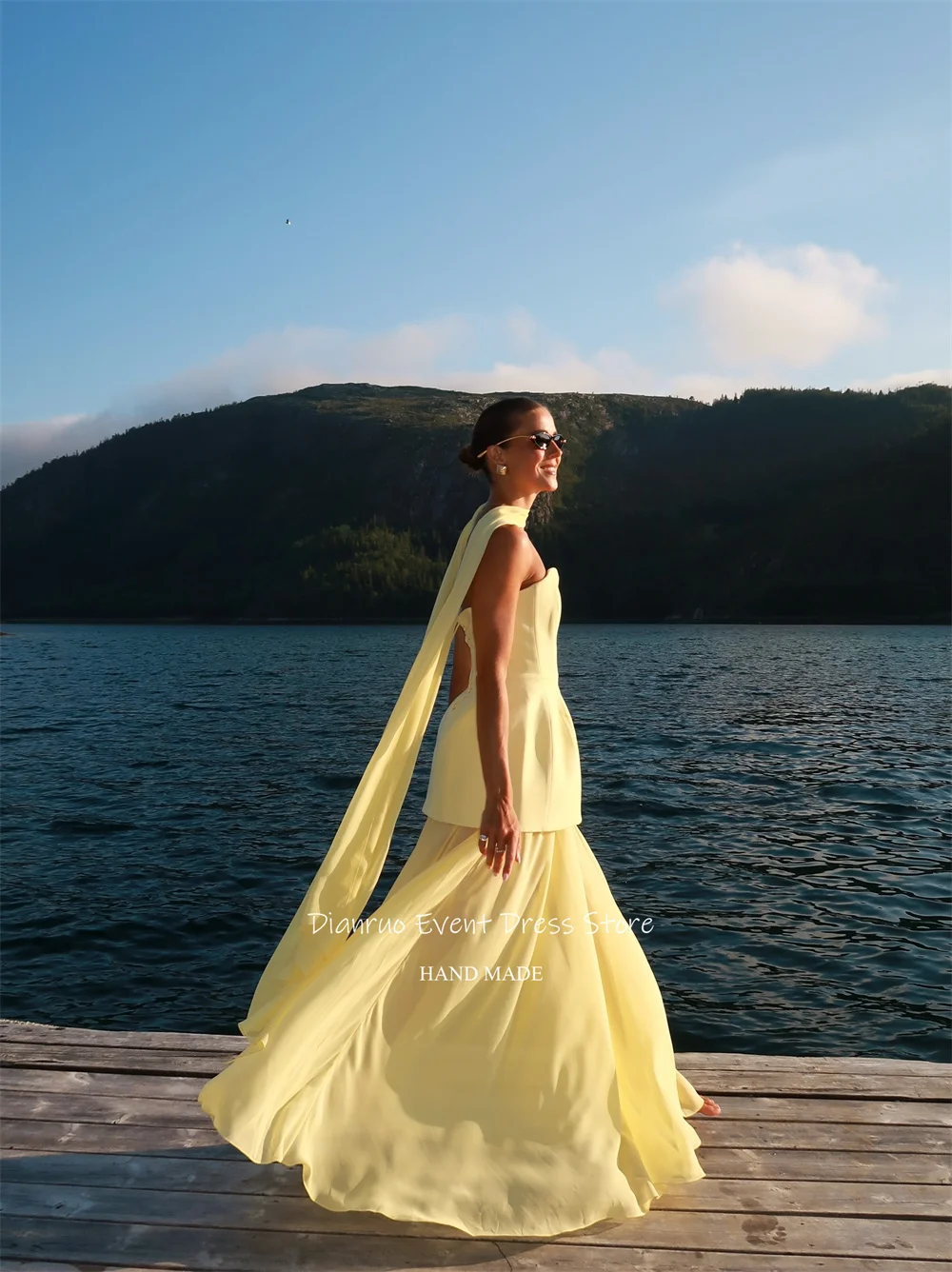 Dianruo Yellow Keyhole Cut Out Evening Dress See Through A Line Vestidos De Festa Chiffon Ribbons Robes De Soirée Customized